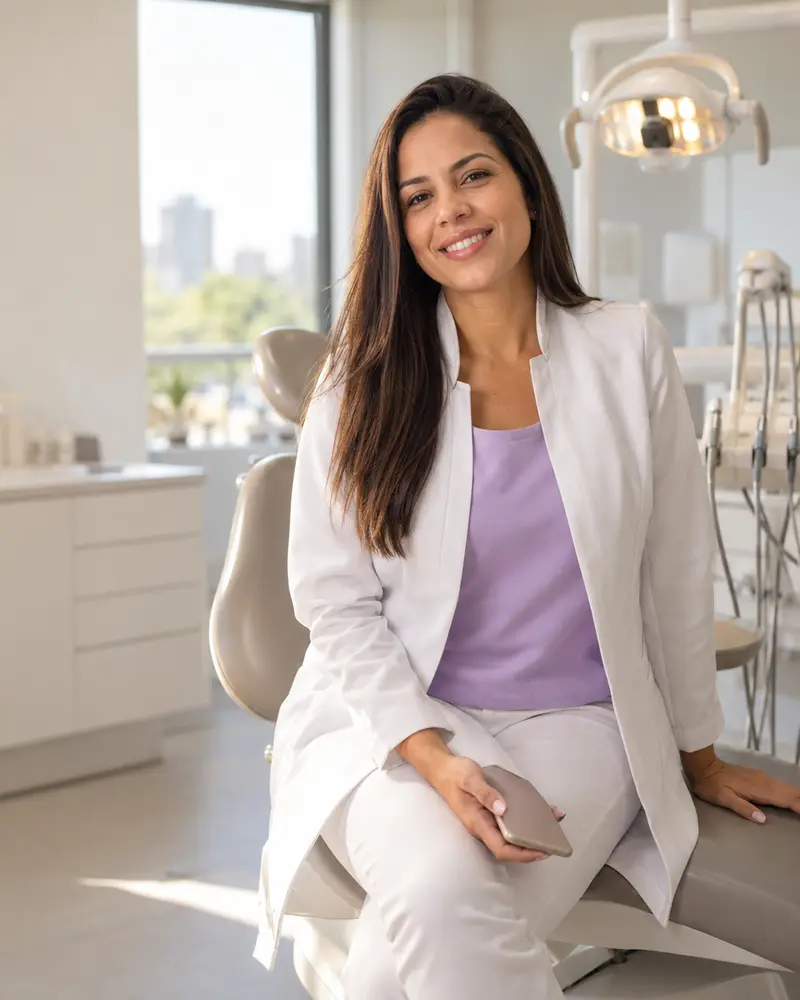 Médica no consultório, com o celular na mão