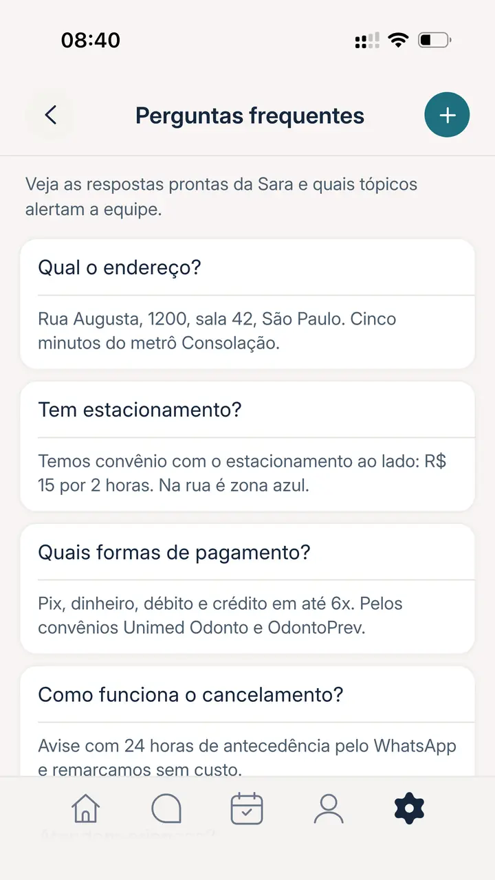 App da Sara, Perguntas frequentes da clínica: endereço, estacionamento, formas de pagamento e cancelamento, cada uma com a resposta escrita pela clínica
