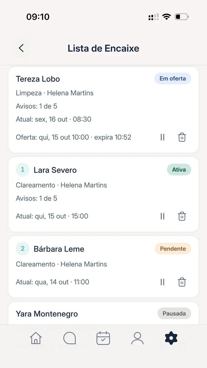 App da Sara, Lista de Encaixe: Tereza Lobo com uma vaga em oferta na quinta às 10:00, Lara Severo ativa, Bárbara Leme pendente e Yara Montenegro pausada