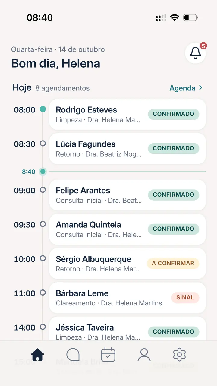 App da Sara, tela Início na quarta, 14 de outubro: “Bom dia, Helena”, 8 agendamentos hoje, a maioria confirmada, um a confirmar pela clínica e um aguardando o sinal