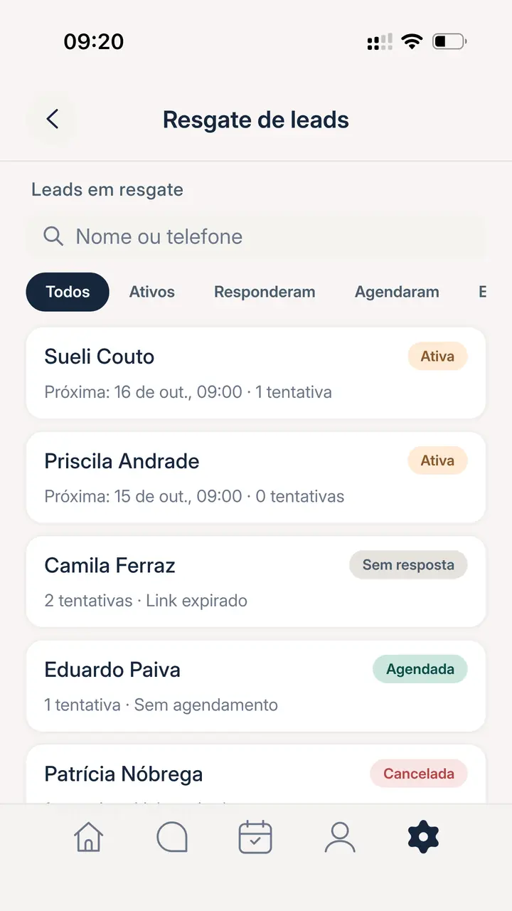 App da Sara, Resgate de leads: pessoas que perguntaram e não agendaram, duas com a próxima mensagem programada, uma sem resposta, uma que agendou e uma cancelada