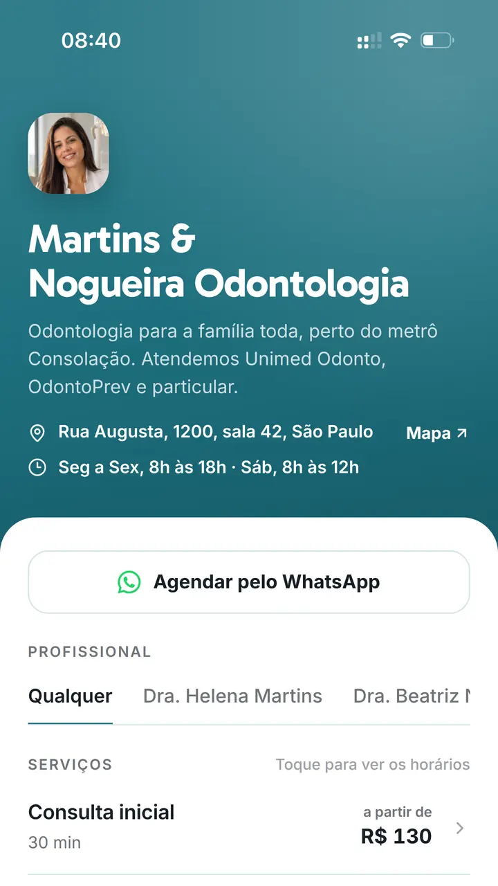 Página de agendamento da Martins & Nogueira Odontologia: foto da dentista, descrição, endereço, horário de atendimento, escolha da profissional e os serviços com preço