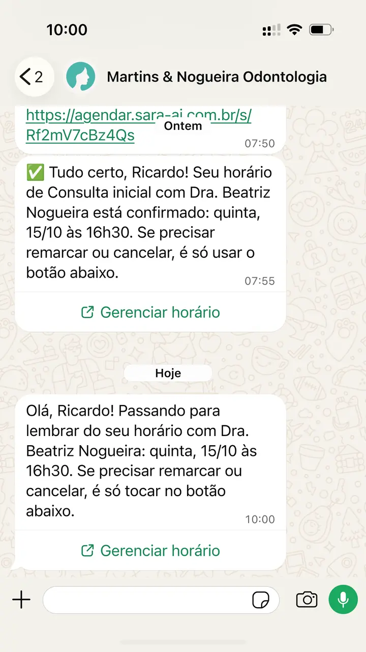 WhatsApp do paciente Ricardo às 10:00: o lembrete da Sara para a consulta com a Dra. Beatriz Nogueira na quinta, 15/10, às 16h30, com o botão Gerenciar horário