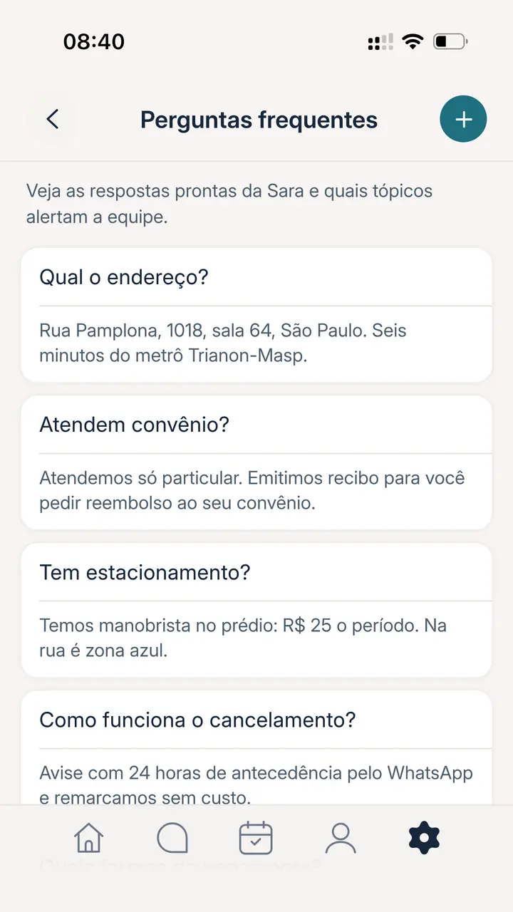 App da Sara, Perguntas frequentes da clínica: endereço, convênio com recibo para reembolso, estacionamento e cancelamento, cada uma com a resposta escrita pela clínica