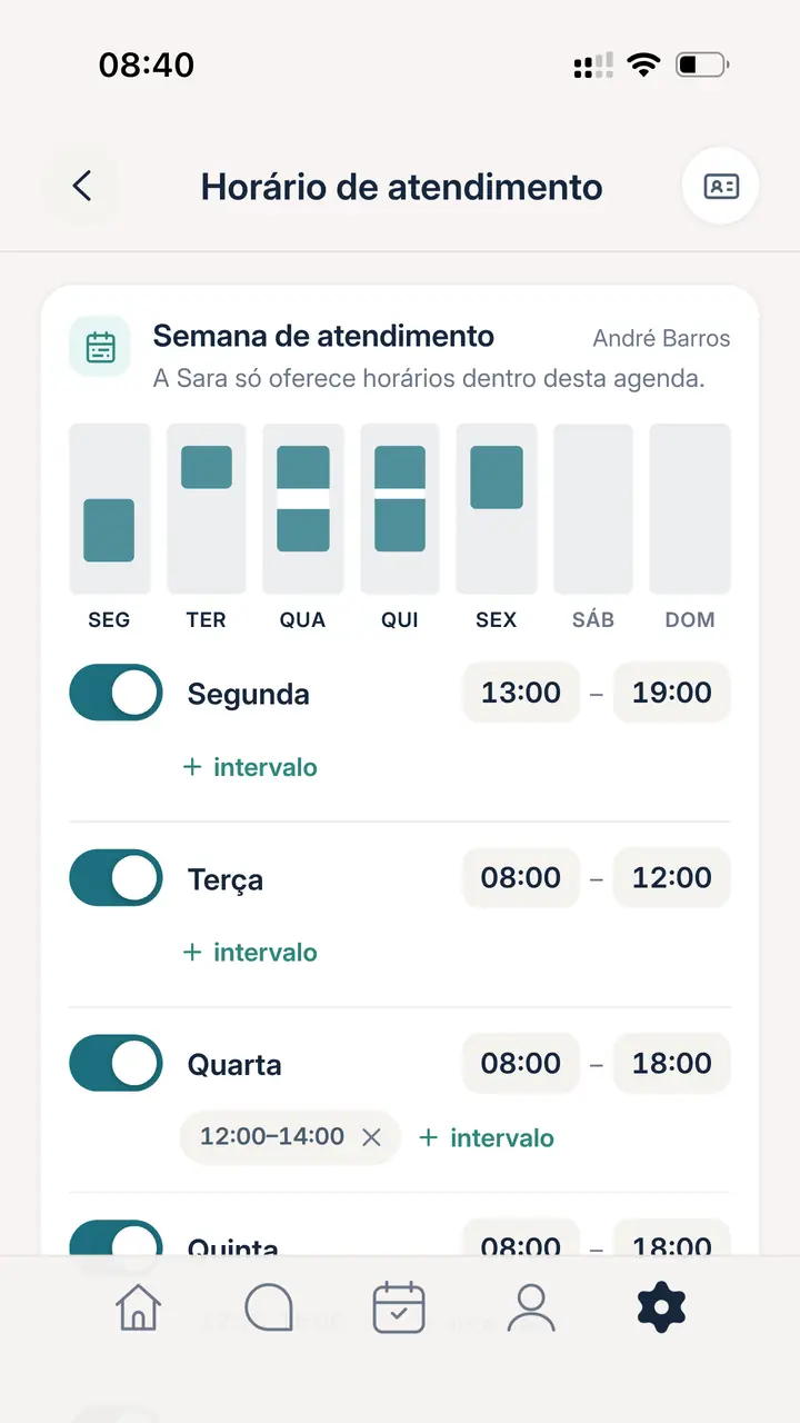 App da Sara, Horário de atendimento do Dr. André Barros: segunda das 13:00 às 19:00, terça das 8:00 às 12:00, quarta com intervalo das 12:00 às 14:00, e o horário de cada dia