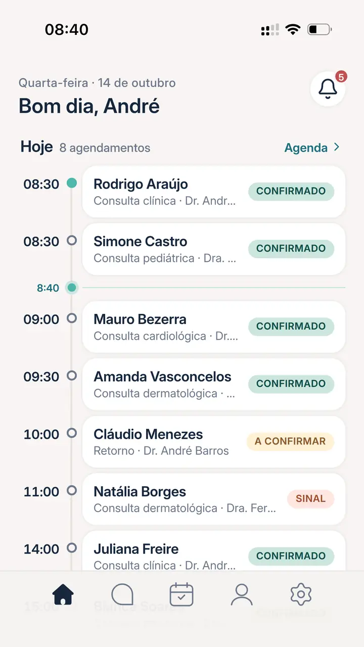 App da Sara, tela Início na quarta, 14 de outubro: “Bom dia, André”, 8 agendamentos hoje de clínica geral, pediatria, cardiologia e dermatologia, a maioria confirmada, um retorno a confirmar pela clínica e uma consulta aguardando o sinal
