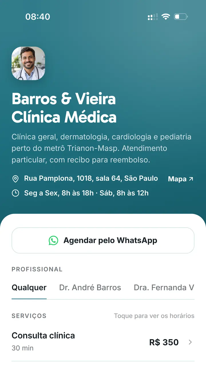 Página de agendamento da Barros & Vieira Clínica Médica: foto do Dr. André, descrição, endereço, horário de atendimento, escolha do médico e os serviços com preço, a consulta dermatológica com sinal de R$ 100