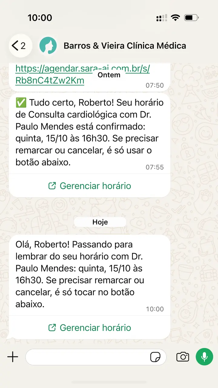 WhatsApp do paciente Roberto às 10:00: o lembrete da Sara para a consulta cardiológica com o Dr. Paulo Mendes na quinta, 15/10, às 16h30, com o botão Gerenciar horário